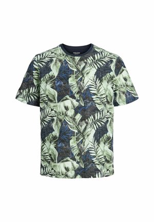 Maglietta a maniche corte con scollo tondo, con motivo di foglie tropicali verdi e blu su sfondo scuro.