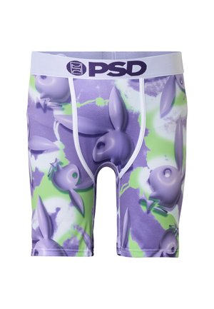 Calzoncillos tipo bóxer para hombre en púrpura y verde con patrones 3D de cabezas de conejo y una cinturilla blanca con el logo negro de PSD.