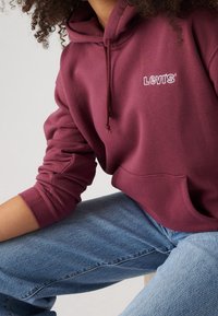 Persona con una sudadera maroon de Levi's y mangas remangadas, vistiendo jeans azules, sentado contra un fondo claro y liso.