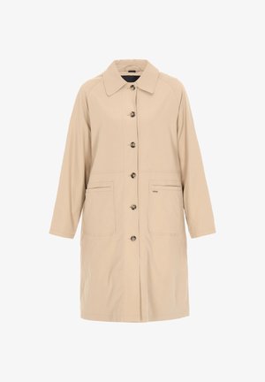 Béžový bavlněný kabát s knoflíkovým zapínáním vpředu, velkým klopovým límcem, dvěma předními kapsami a dlouhými rukávy. Hladká textura s jemnými šicími detaily.