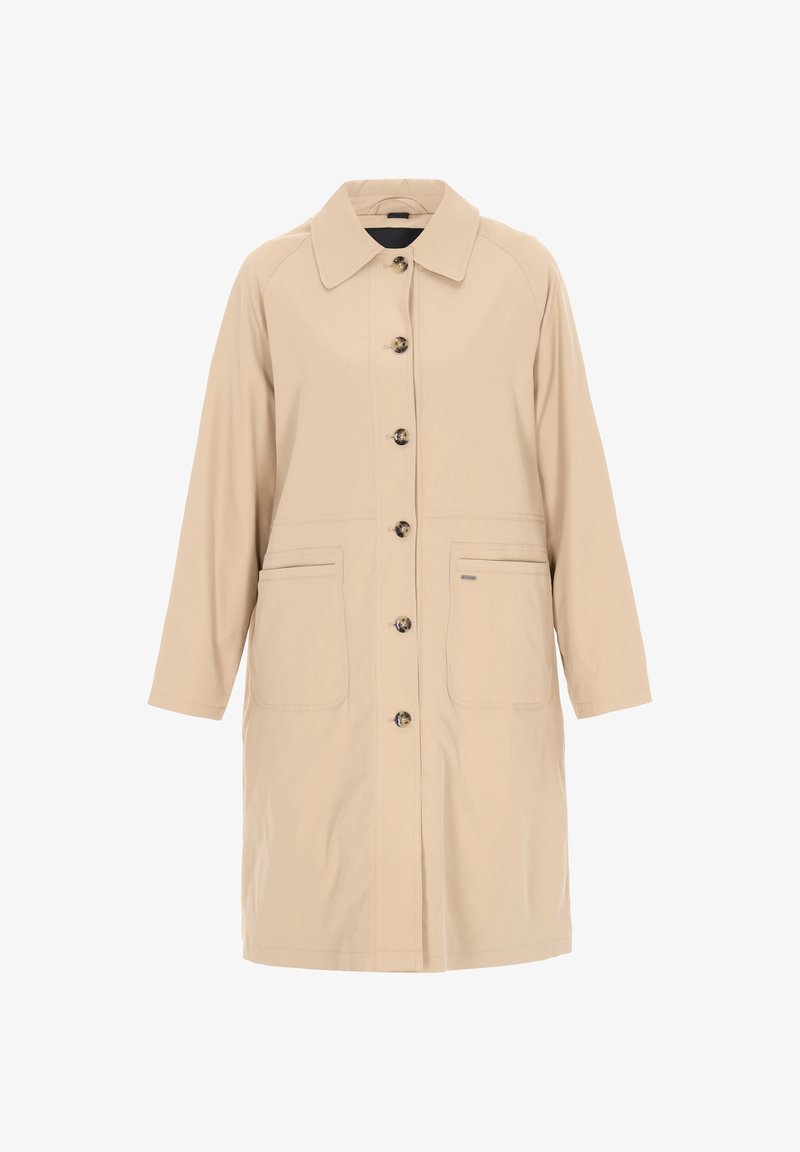 Beiger Baumwollmantel mit einer Knopfleiste, großem Revers, zwei vorderen Taschen und langen Ärmeln. Glatte Textur mit dezenten Steppnähten.