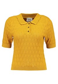 Žluté krátké rukávy pletené polo tričko s texturovaným vzorem listů, žebrovaným límcem a manžetami a třemi předními knoflíky.