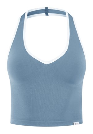 Light blue seamless crop top with racerback design and white trim along neckline and back straps.