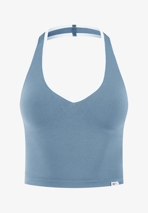 Light blue seamless crop top with racerback design and white trim along neckline and back straps.