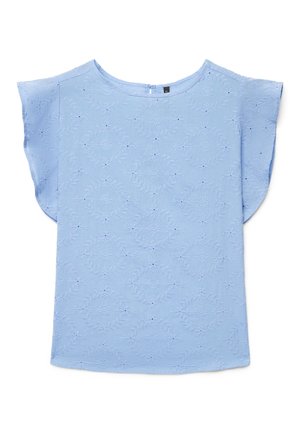 Camicia da donna azzurro chiaro con maniche corte svolazzanti e un delicato motivo di ricamo floreale su tutto il tessuto.