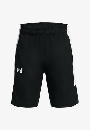 Črne športne kratke hlače iz lahkega blaga, z belimi stranskimi črtami in elastičnim pasom. Logotip prikazan na spodnji levi strani.