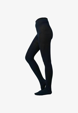Fekete, strukturált harisnyanadrág bordázott mintával, teljes hosszúságú takarással és magas derékpánttal, rugalmas, kötött anyagból készült.