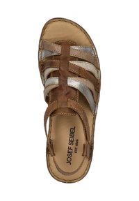 Brown leather sandal featuring silver metallic straps, an open toe design, stitched detailing, and a cushioned insole with logo.