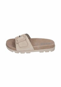 Beige slide sandal with a suede upper, adjustable buckle, and a textured footbed. Flat, light sole with grip pattern for stability.