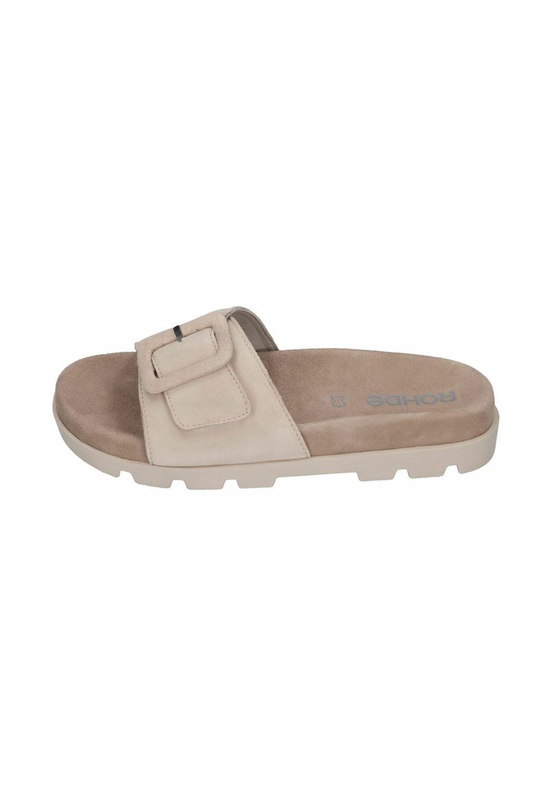 Beige slide sandal with a suede upper, adjustable buckle, and a textured footbed. Flat, light sole with grip pattern for stability.