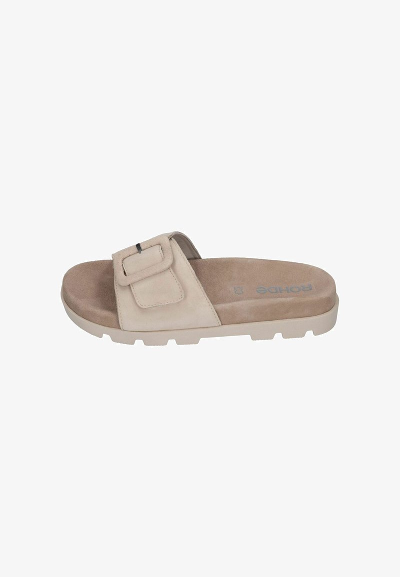 Beige slide sandal with a suede upper, adjustable buckle, and a textured footbed. Flat, light sole with grip pattern for stability.