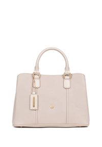 Borsa a mano in pelle beige con doppio manico superiore, forma rettangolare, finitura testurizzata, dettagli in hardware dorato e un piccolo etichetta attaccata.