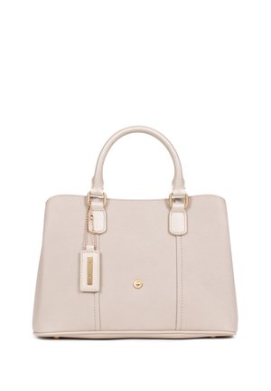 Beige leather handbag with dual top handles, rectangular shape, textured finish, gold hardware accents, and a small attached tag.