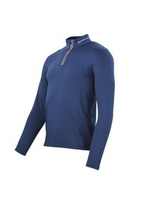 Marineblauwe longsleeve pullover gemaakt van glad, rekbaar materiaal. Heeft een halflange ritskraag en contrasterende stiksels langs de naden.