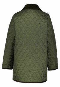 Quilted grüne Jacke mit einem Cordkragen, lockerer Passform und langen Ärmeln. Mit einem kontrastierenden braunen Saum akzentuiert.