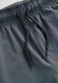 Grå atletiske shorts med elastisk talje, der har et afstandsbånd med sorte spidser og en glat tekstur. Subtil glans i stoffet.
