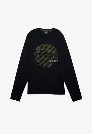 Schwarzes Langarm-T-Shirt aus Baumwolle; mit grünem grafischem Text "PETROL ALASKA" und kreisförmigem Muster. Rundhalsausschnitt und gerippte Bündchen.