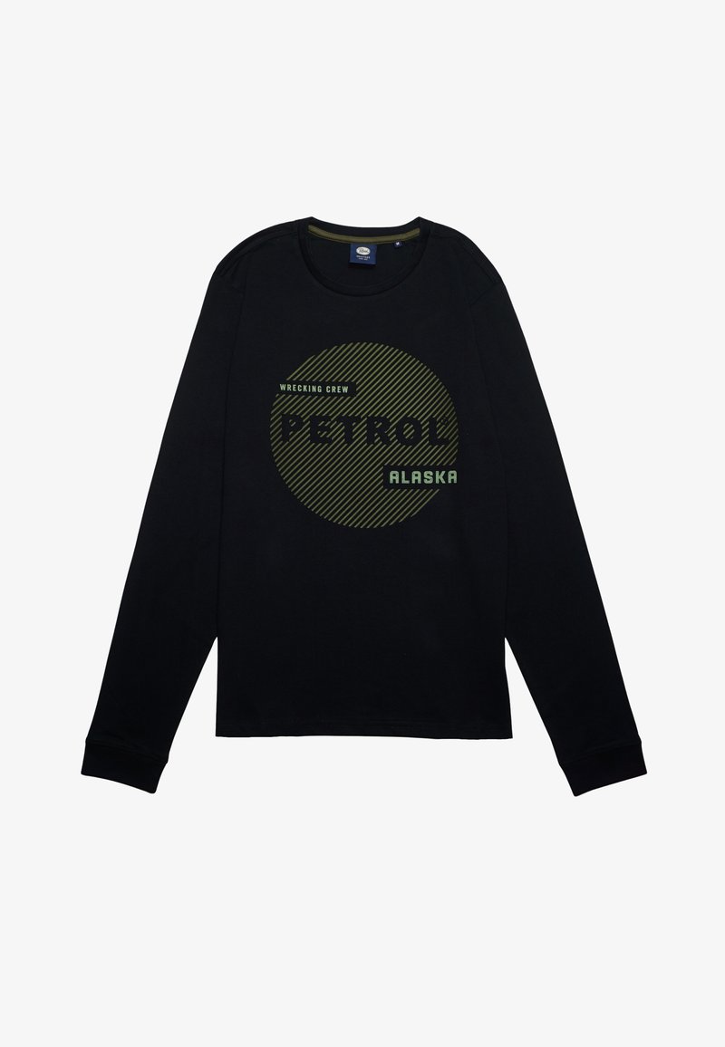 Hosszú ujjú fekete pamut póló; zöld grafikával rendelkező "PETROL ALASKA" felirat és kerek minta díszíti. Kerek nyakkivágású és bordázott mandzsettákkal.