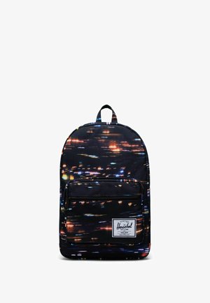 Sac à dos noir avec un motif lumineux abstrait et vibrant. Dispose d'une poche zippée à l'avant et d'une poignée supérieure pour un transport facile. Étiquette Herschel visible.