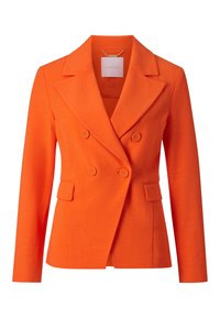 Dubbelzijdig blazer in feloranje, gemaakt van textuurstof. Bevat piekaccenten, functionele zakken en contrasterende gouden knopen.