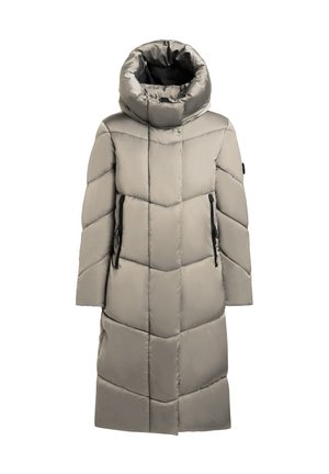 Palton lung, tip puffer, de culoare gri deschis, cu guler înalt și buzunare cu fermoar. Exteriorul are un design matlasat și o textură netedă.