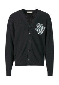 Svart strikket cardigan med V-hals, knappelukking, teksturert mønster og brodert logo på venstre bryst. Ribbestrikkede mansjetter og kant.