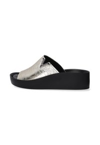 Metallisch zilveren slipper met een v-vormige uitsparing, een geprofileerde bovenkant en een zwarte platformzool. Laagprofiel ontwerp geschikt voor casual dragen.