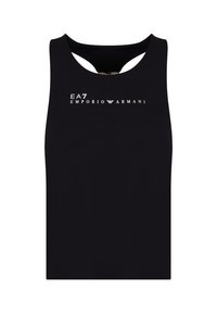 Top senza maniche nero realizzato in morbido tessuto, con scollo rotondo e un piccolo taglio sul retro. Presenta il logo bianco EA7 Emporio Armani.