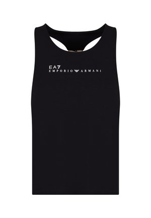 Fekete ujjatlan top puha anyagból, kerek nyakkal és egy kis kivágással a hátsó részen. A fehér EA7 Emporio Armani logót mutatja.