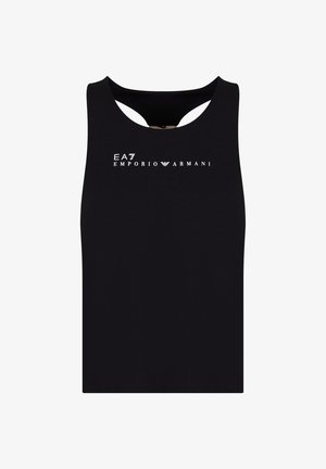 Črna brezrokavna majica iz mehkega blaga, z okroglim ovratnikom in majhnim izrezom na hrbtu. Prikazuje belo logo EA7 Emporio Armani.