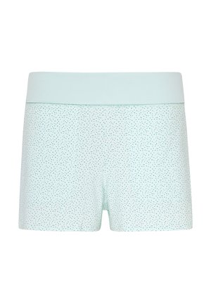 Ljusblå shorts med en mjuk, elastisk midja och små, mörkblå prickar över hela. Slät textur med en åtsittande design.