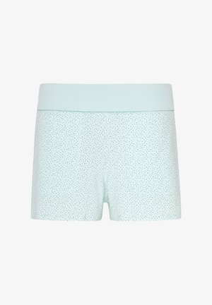 Lysblå shorts med en blød, strækbar talje og små, mørkeblå prikker over det hele. Glat tekstur med et tætsiddende design.