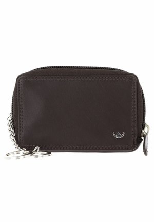 Dark brown leather zippered key pouch with metal logo and attached silver keychain rings on a chain.