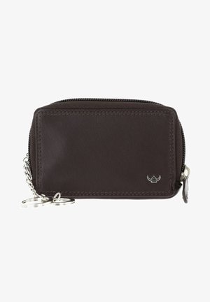 Dark brown leather zippered key pouch with metal logo and attached silver keychain rings on a chain.