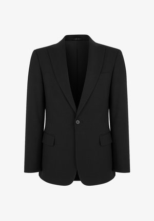 Czarna marynarka o dopasowanym kroju z satynowym kołnierzem szalowym, jedno guzikiem, dwiema bocznymi kieszeniami i kieszonką na piersi. Gładka tekstura materiału.