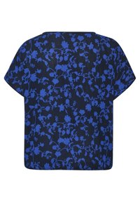 Marinebluse med blå blomstermønster, korte ærmer og løst fit. Stoffet ser letvægts ud med en let tekstureret overflade.