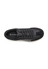 Black sneaker featuring a smooth leather upper with suede accents, round toe, flat laces, and a textured rubber sole. Brand logo visible on insole.