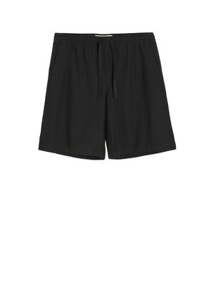 Czarne casualowe szorty z elastycznym pasem, sznurkiem i bocznymi kieszeniami, prezentowane na białym tle.