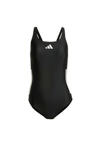 Maillot de bain une pièce noir avec des bretelles fines. Présente un logo blanc et des détails d'accent sur les côtés, fabriqué en tissu lisse et extensible.