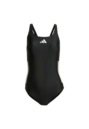 Black one-piece swimsuit with thin straps. Features white branding and accent details on the sides, made from smooth, stretch fabric.