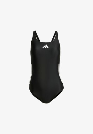 Czarny jednoczęściowy strój kąpielowy z cienkimi ramiączkami. Posiada białe logo i akcenty po bokach, wykonany z gładkiego, elastycznego materiału.