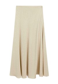 Beige, ankle-length skirt in a herringbone pattern. Made from textured fabric with a slight flare at the hem and a concealed side zipper.