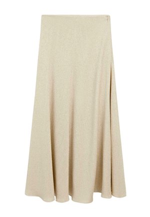 Beige Midirock im Fischgrätmuster, mit sanft ausgestelltem Schnitt, weichem Material und einem verdeckten Reißverschluss an der Seite.