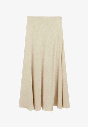 Beige Midirock im Fischgrätmuster, mit sanft ausgestelltem Schnitt, weichem Material und einem verdeckten Reißverschluss an der Seite.