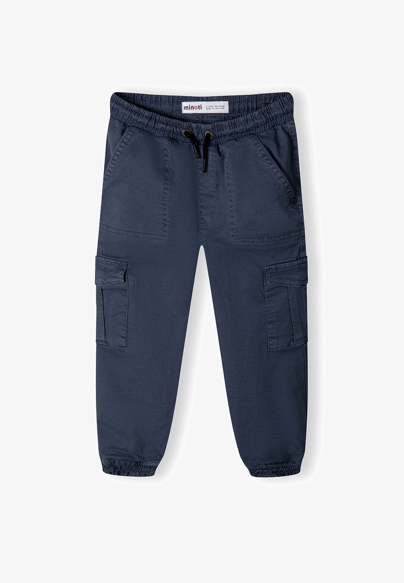Pantalons cargo bleu marine en mélange de coton avec une taille élastique, cordon de serrage, plusieurs poches et chevilles fuselées.