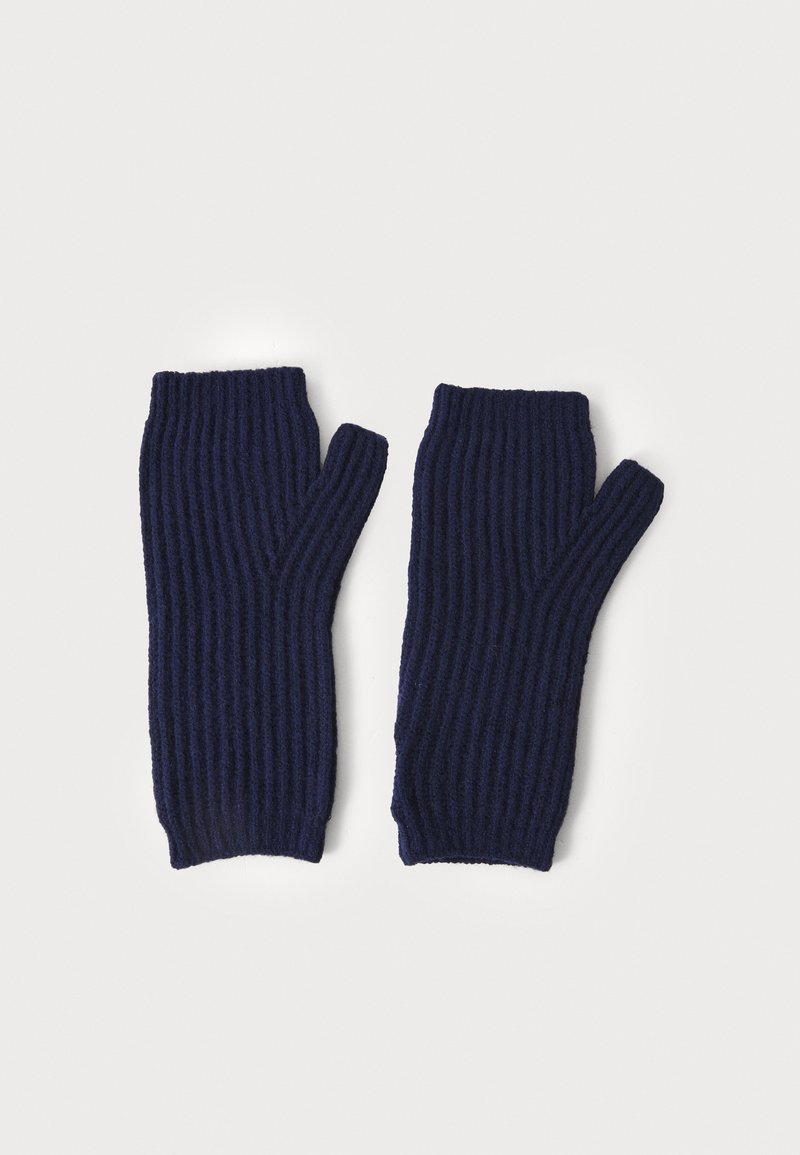 Navy ribbed knit fingerless gloves featuring a textured finish and open fingertips for dexterity. Design allows for hand movement.