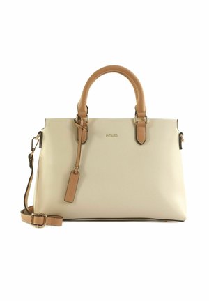 Sac à main rectangulaire crème avec poignées marron clair, bandoulière amovible et petite étiquette suspendue, marqué "Picard" au centre avant.
