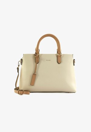 Sac à main rectangulaire crème avec poignées marron clair, bandoulière amovible et petite étiquette suspendue, marqué "Picard" au centre avant.