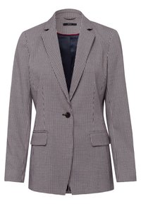 Blazer de cuadros marrón y blanco con cierre de un solo botón, cuello con muesca y dos bolsillos frontales; textura suave y corte ajustado.