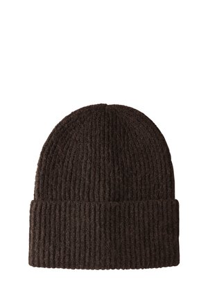 Brown knitted beanie with a ribbed texture and a folded cuff. The wool-like material offers warmth and a close-fitting design.